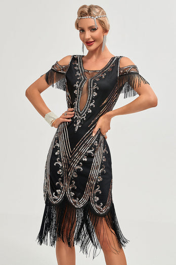 Glitzer Schwarzes Pailletten Fransen 1920er Jahre Gatsby Kleid mit Accessoires Set