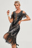 Laden Sie das Bild in den Galerie-Viewer, Glitzer Schwarzes Pailletten Fransen 1920er Jahre Gatsby Kleid mit Accessoires Set