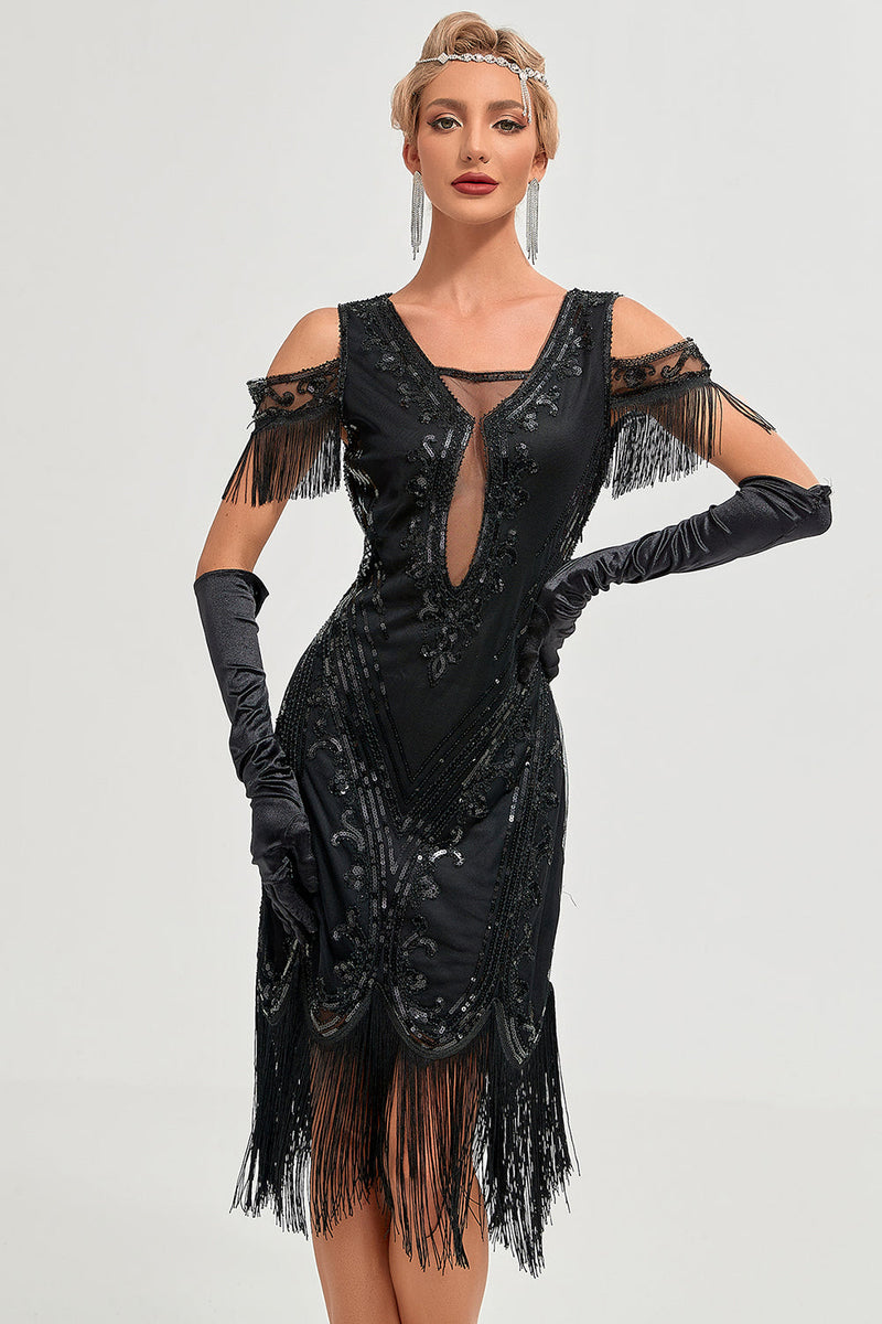 Laden Sie das Bild in den Galerie-Viewer, Glitzer Schwarzes Pailletten Fransen 1920er Jahre Gatsby Kleid mit Accessoires Set