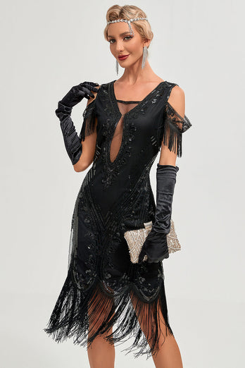 Glitzer Schwarzes Pailletten Fransen 1920er Jahre Gatsby Kleid mit Accessoires Set