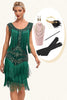 Laden Sie das Bild in den Galerie-Viewer, Dunkelgrünes Pailletten-Fransen-Set Great Gatsby Kleid mit Accessoires