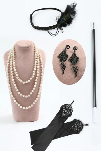 Schwarzes Glitzerndes 1920er Jahre Fransenkleid mit Accessoires