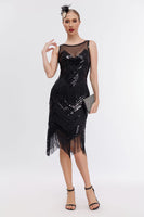 Laden Sie das Bild in den Galerie-Viewer, Schwarzes Glitzerndes 1920er Jahre Fransenkleid mit Accessoires
