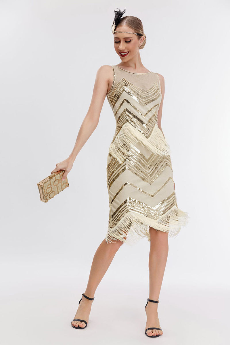 Laden Sie das Bild in den Galerie-Viewer, Champagnerfarbenes Glitzerfransen-Gatsby-Kleid mit Accessoires Set