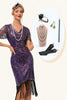 Laden Sie das Bild in den Galerie-Viewer, Dunkelviolettes 1920er Jahre Perlenfransenkleid mit Accessoires