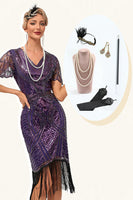 Laden Sie das Bild in den Galerie-Viewer, Dunkelviolettes 1920er Jahre Perlenfransenkleid mit Accessoires
