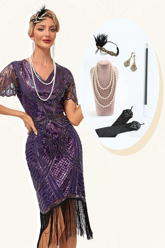 Dunkelviolettes 1920er Jahre Perlenfransenkleid mit Accessoires