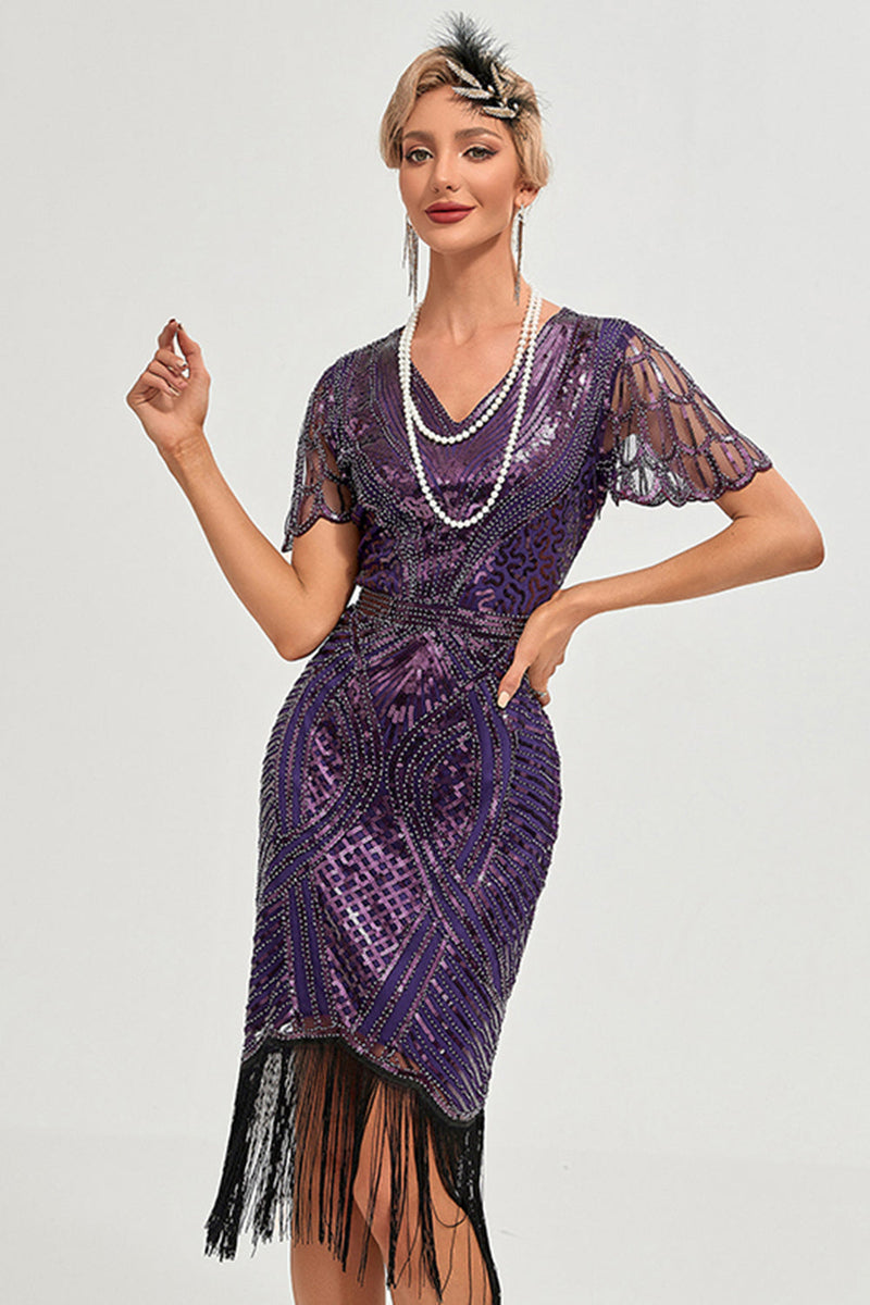 Laden Sie das Bild in den Galerie-Viewer, Dunkelviolettes 1920er Jahre Perlenfransenkleid mit Accessoires