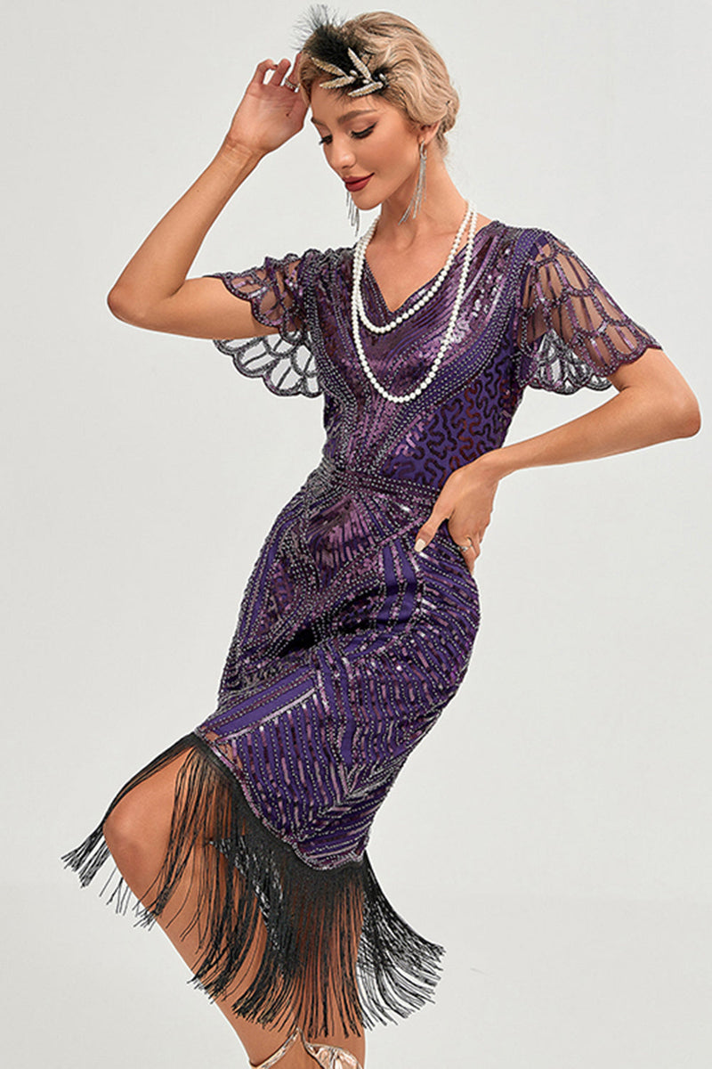 Laden Sie das Bild in den Galerie-Viewer, Dunkelviolettes 1920er Jahre Perlenfransenkleid mit Accessoires