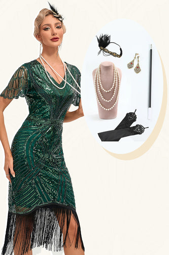 Perlen Dunkelgrünes Glitzer Fransen Flapper Kleid mit Accessoires Set