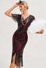 Laden Sie das Bild in den Galerie-Viewer, Glitzerndes Fransen 1920er Jahre Burgunderkleid mit Accessoires