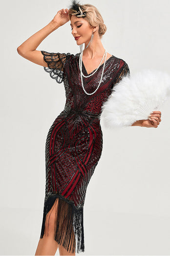 Glitzerndes Fransen 1920er Jahre Burgunderkleid mit Accessoires