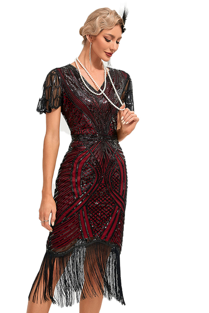 Laden Sie das Bild in den Galerie-Viewer, Glitzerndes Fransen 1920er Jahre Burgunderkleid mit Accessoires