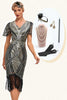 Laden Sie das Bild in den Galerie-Viewer, Schwarz-goldenes 1920er Jahre Glitzerfransenkleid mit Accessoires