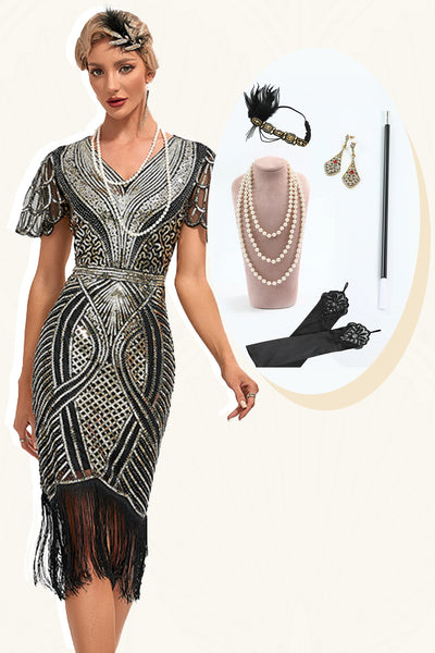 Schwarz-goldenes 1920er Jahre Glitzerfransenkleid mit Accessoires