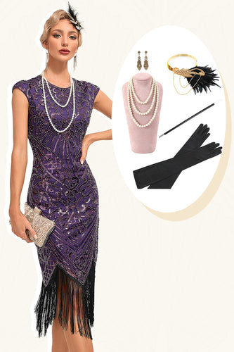 Fransen Dunkellila 1920er Jahren  Perlenkleid mit Accessoires Set