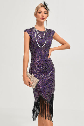 Fransen Dunkellila 1920er Jahren  Perlenkleid mit Accessoires Set