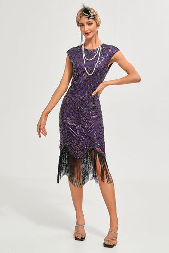 Fransen Dunkellila 1920er Jahren  Perlenkleid mit Accessoires Set