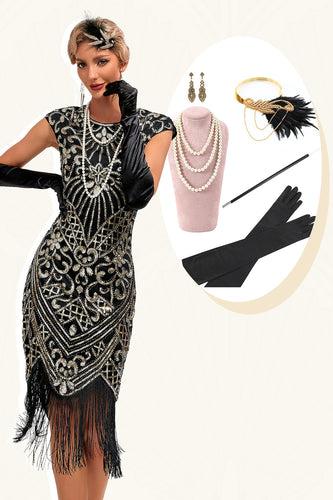 Glitzerndes Fransenkleid Schwarzes goldenes Flapper-Kleid mit Accessoires