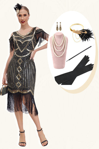 Schwarzes goldenes Gatsby-Kleid mit Cold-Shoulder-Fransen aus den 1920er Jahren und 20er-Jahre-Accessoires