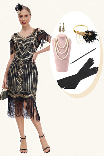 Schwarzes goldenes Gatsby-Kleid mit Cold-Shoulder-Fransen aus den 1920er Jahren und 20er-Jahre-Accessoires