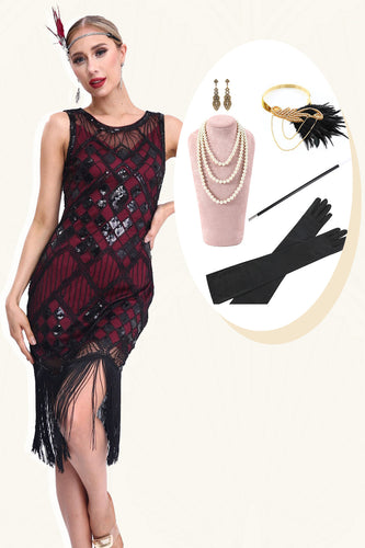 Glitzerndes schwarz-rotes Gatsby-Kleid mit Fransen aus den 1920er Jahren und Accessoires aus den 20er Jahren