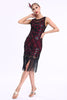 Laden Sie das Bild in den Galerie-Viewer, Glitzerndes schwarz-rotes Gatsby-Kleid mit Fransen aus den 1920er Jahren und Accessoires aus den 20er Jahren