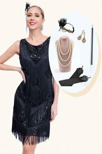 Schwarzes Gatsby-Kleid mit Fransen aus den 1920er Jahren mit Pailletten und Accessoires aus den 20er Jahren