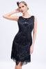 Laden Sie das Bild in den Galerie-Viewer, Schwarzes Gatsby-Kleid mit Fransen aus den 1920er Jahren mit Pailletten und Accessoires aus den 20er Jahren