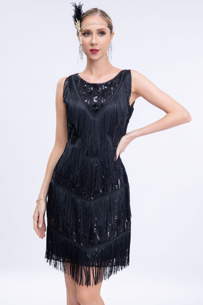 Laden Sie das Bild in den Galerie-Viewer, Schwarzes Gatsby-Kleid mit Fransen aus den 1920er Jahren mit Pailletten und Accessoires aus den 20er Jahren