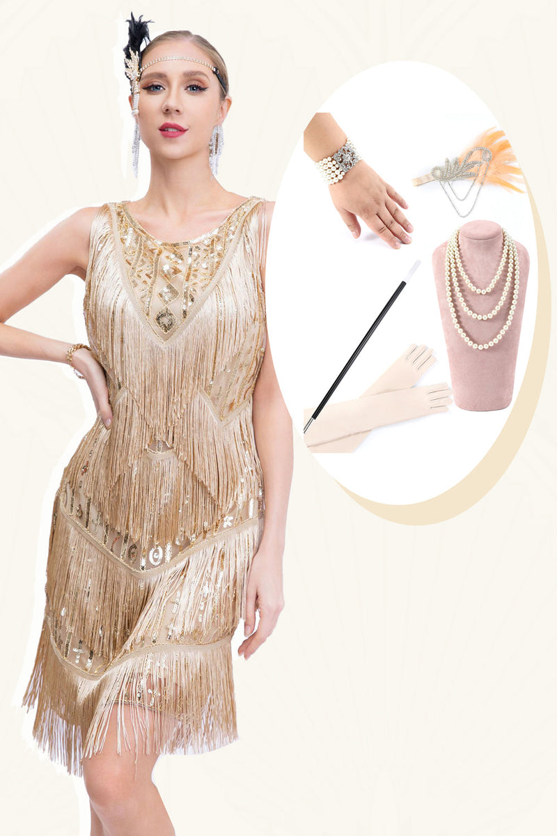 Laden Sie das Bild in den Galerie-Viewer, Aprikosenfarbenes Gatsby-Kleid mit Fransen aus den 1920er Jahren und Pailletten mit 20er-Jahre-Accessoires