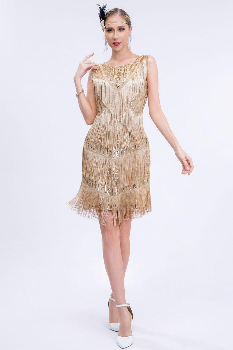 Laden Sie das Bild in den Galerie-Viewer, Aprikosenfarbenes Gatsby-Kleid mit Fransen aus den 1920er Jahren und Pailletten mit 20er-Jahre-Accessoires