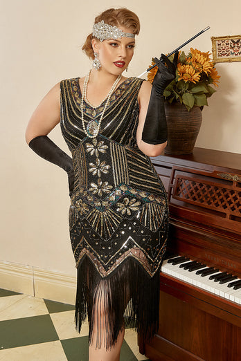 Schwarzes 1920er Jahre Plus Size Perlen Pailletten Flapper Kleid