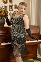 Laden Sie das Bild in den Galerie-Viewer, Schwarzes 1920er Jahre Plus Size Perlen Pailletten Flapper Kleid