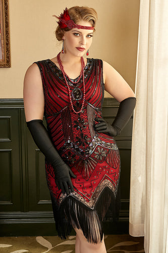 Rotes Paillettenkleid Plus Size aus den 1920er Jahren mit Fransen