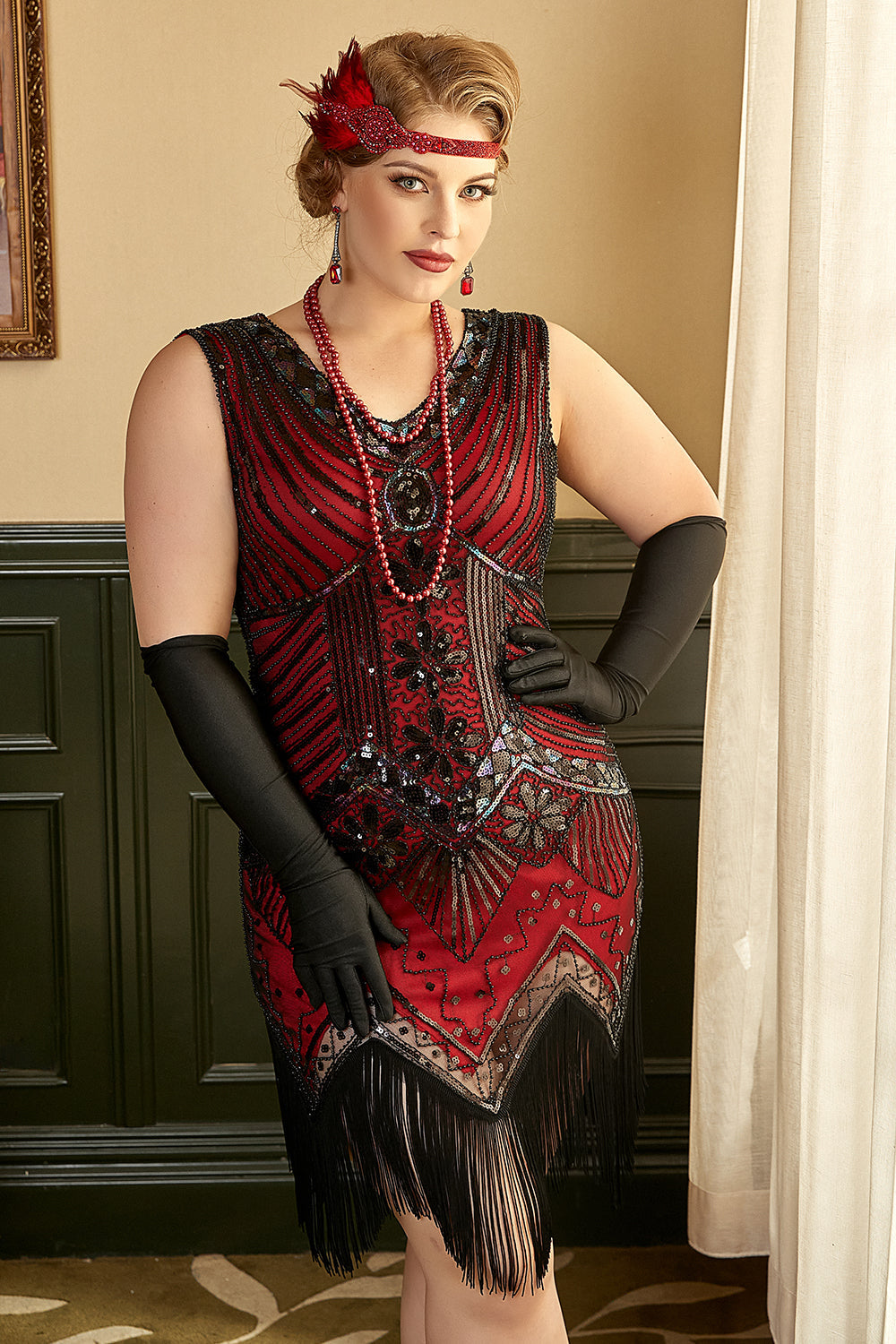 Rotes Paillettenkleid Plus Size aus den 1920er Jahren mit Fransen