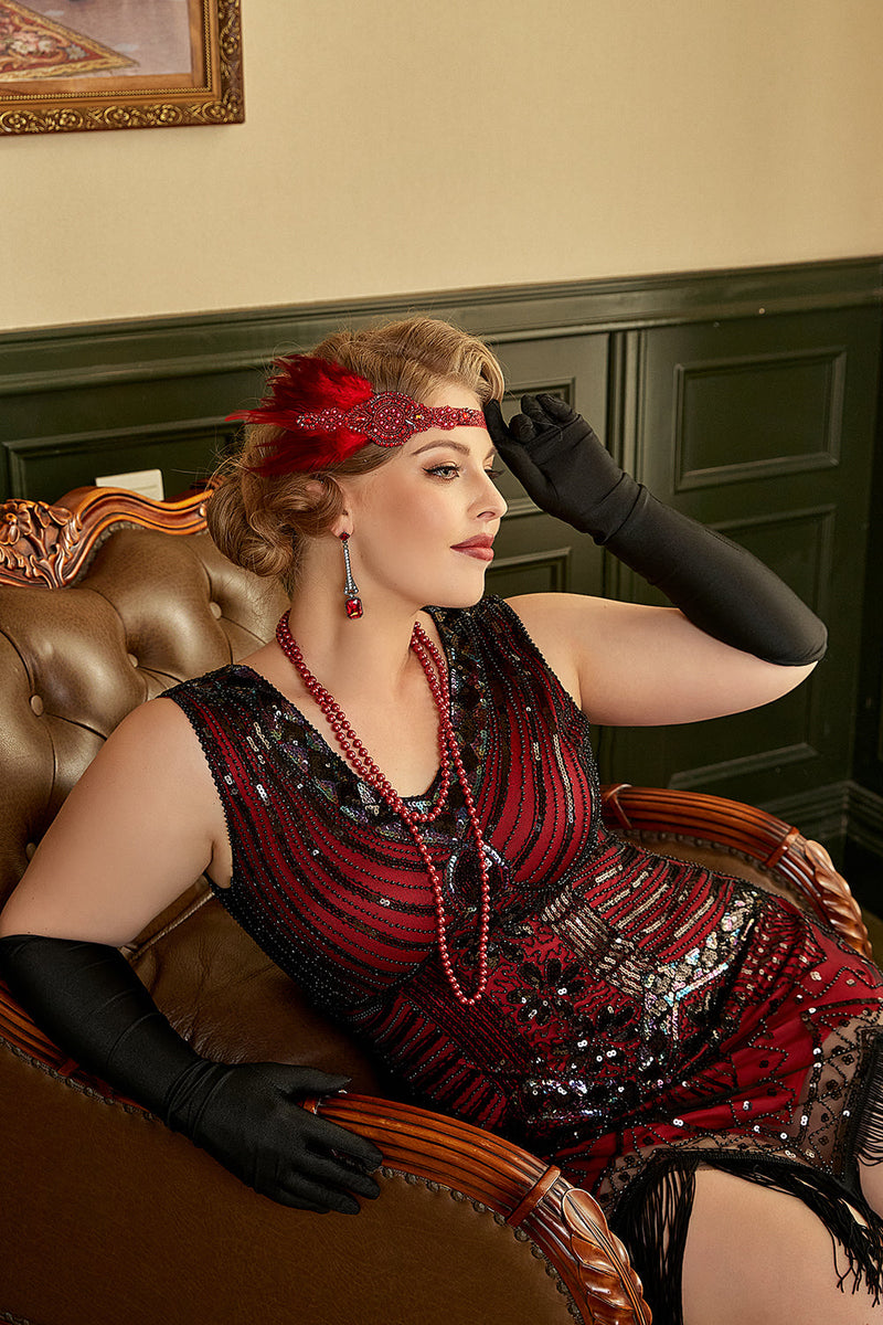Laden Sie das Bild in den Galerie-Viewer, Rotes Paillettenkleid Plus Size aus den 1920er Jahren mit Fransen