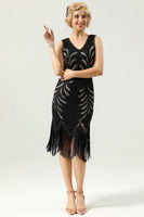 Laden Sie das Bild in den Galerie-Viewer, Schwarzes und goldenes Paillettenkleid mit V-Ausschnitt aus den 1920er Jahren