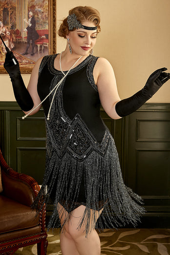 Schwarzes Flapper-Kleid in Plus Size aus den 1920er Jahren mit Quaste