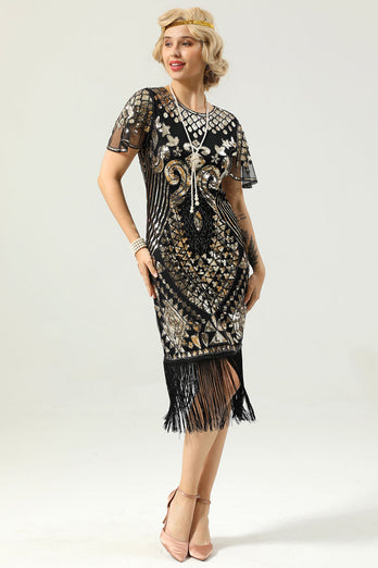 Schwarz und Gold Pailletten 1920 Kleid mit Batwing Ärmeln