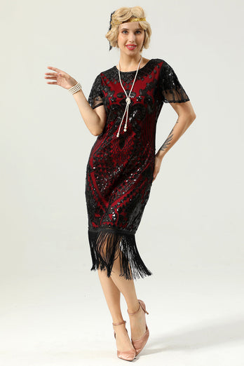 Schwarz und Gold Pailletten 1920 Kleid mit Batwing Ärmeln