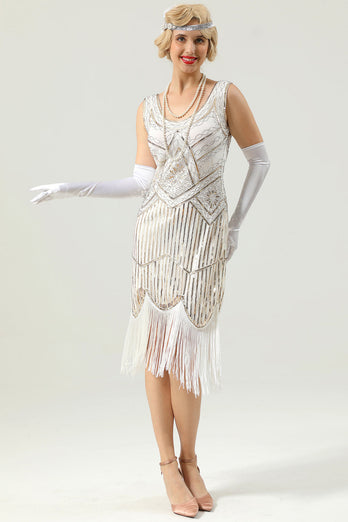 1920 Retro Weißes Pailletten-Fransenkleid