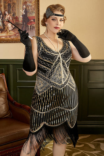 Schwarze Pailletten Fransen Plus Size 1920er Jahre Flapper Kleid