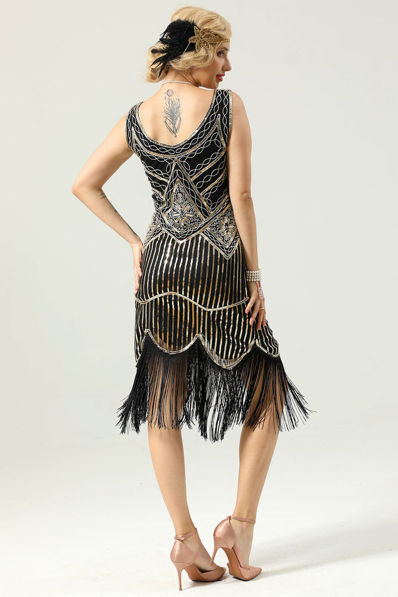 Laden Sie das Bild in den Galerie-Viewer, Schwarzes Kleid mit tiefem V-Ausschnitt und Flapper aus den 1920er Jahren