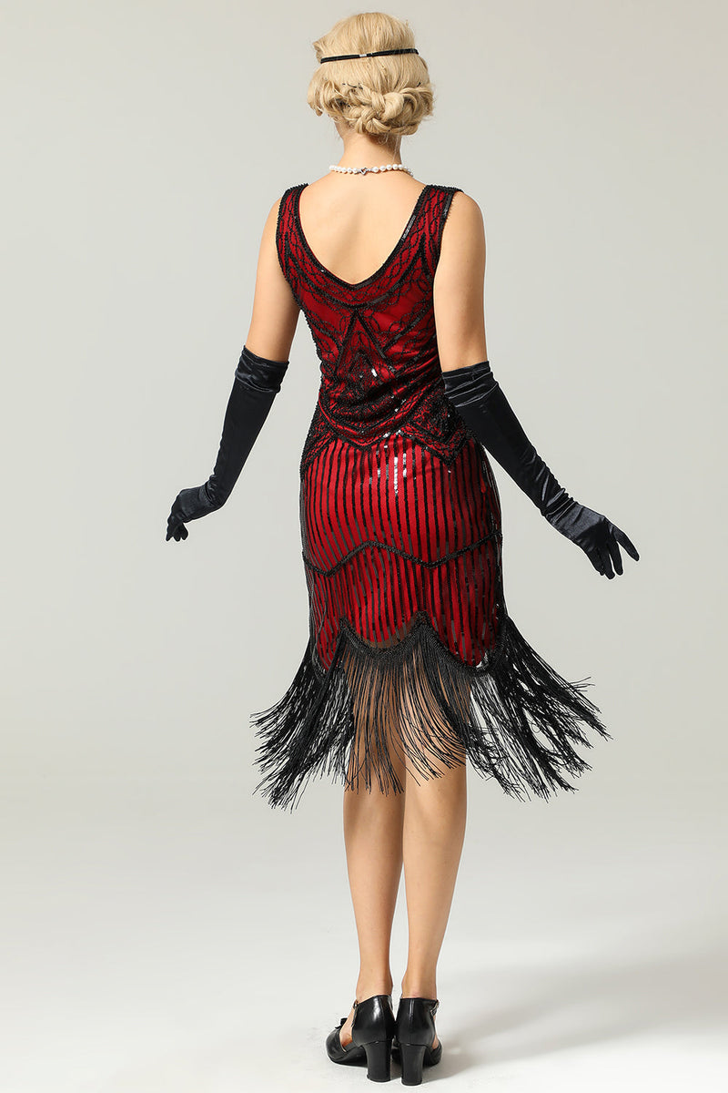 Laden Sie das Bild in den Galerie-Viewer, Schwarzes Kleid mit tiefem V-Ausschnitt und Flapper aus den 1920er Jahren