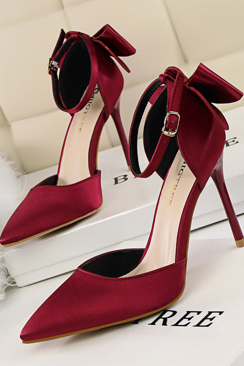 Laden Sie das Bild in den Galerie-Viewer, Burgunder Satin Prom Heels mit Bowknot