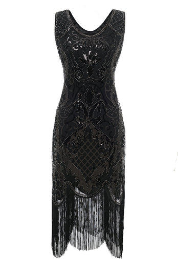 Schwarzes V-Ausschnitt Fransen Pailletten Kleid aus den 1920er Jahren