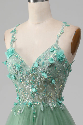 Glitzerndes Grünes A-Linien Spaghettiträger Korsett Ballkleid mit Applikationen