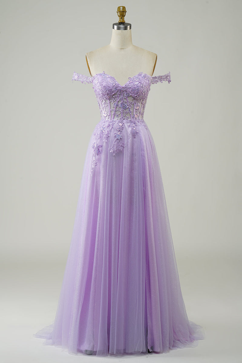 Homrain Frauen Lila Korsett A-Linie Langes Tüll Abschlussballkleid mit ...