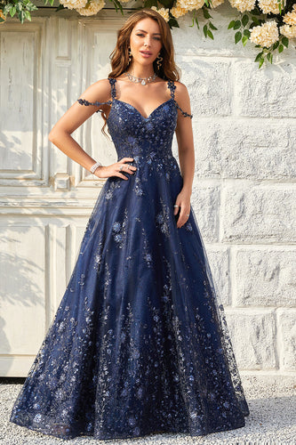 Damen Marineblaues Langes Ballkleid A Linie Schulterfreies Abendkleid mit Applikationen